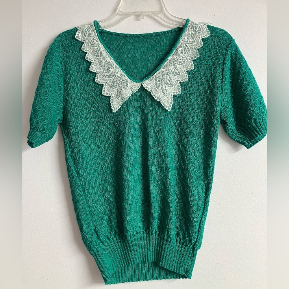 Women’s Vintage/Cottagecore/Y2K  V Neck Sweater, Lace, Green/White, Small